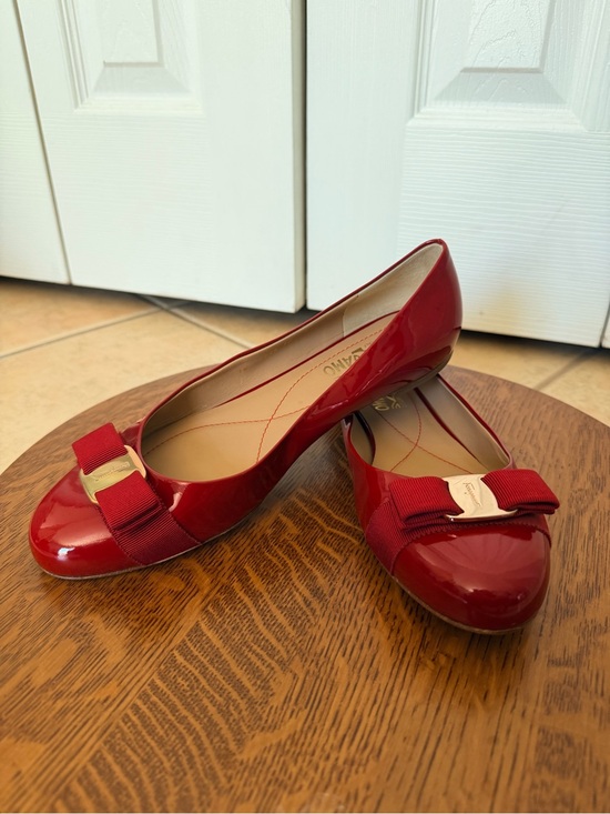 Salvatore Ferragamo Shoes - Salvatore Ferragamo Red Patent Vara Bow Varina Ballet Flats